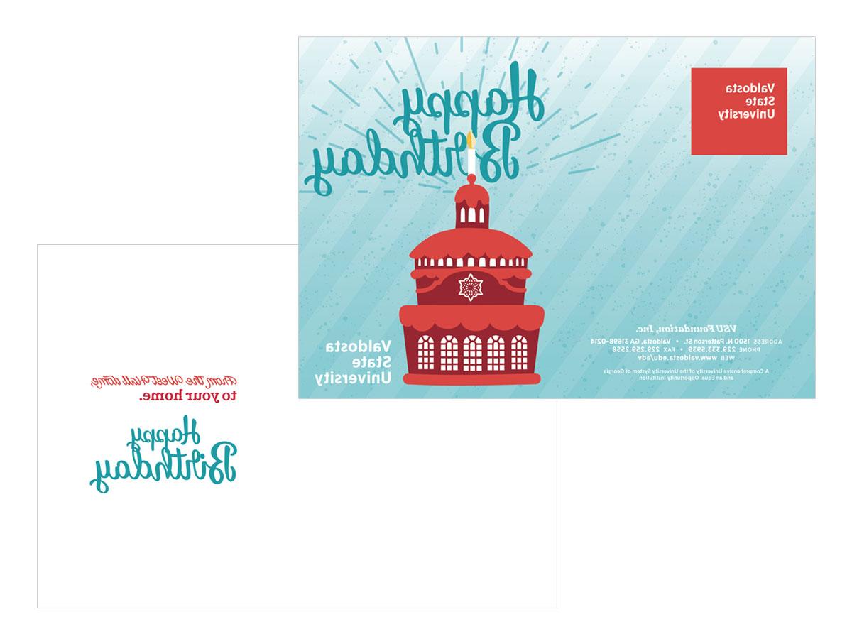 〇生日贺卡 This custom designed birthday card was created for the VSU Foundation. The card features a custom illustration of a West Hall inspired birthday cake.