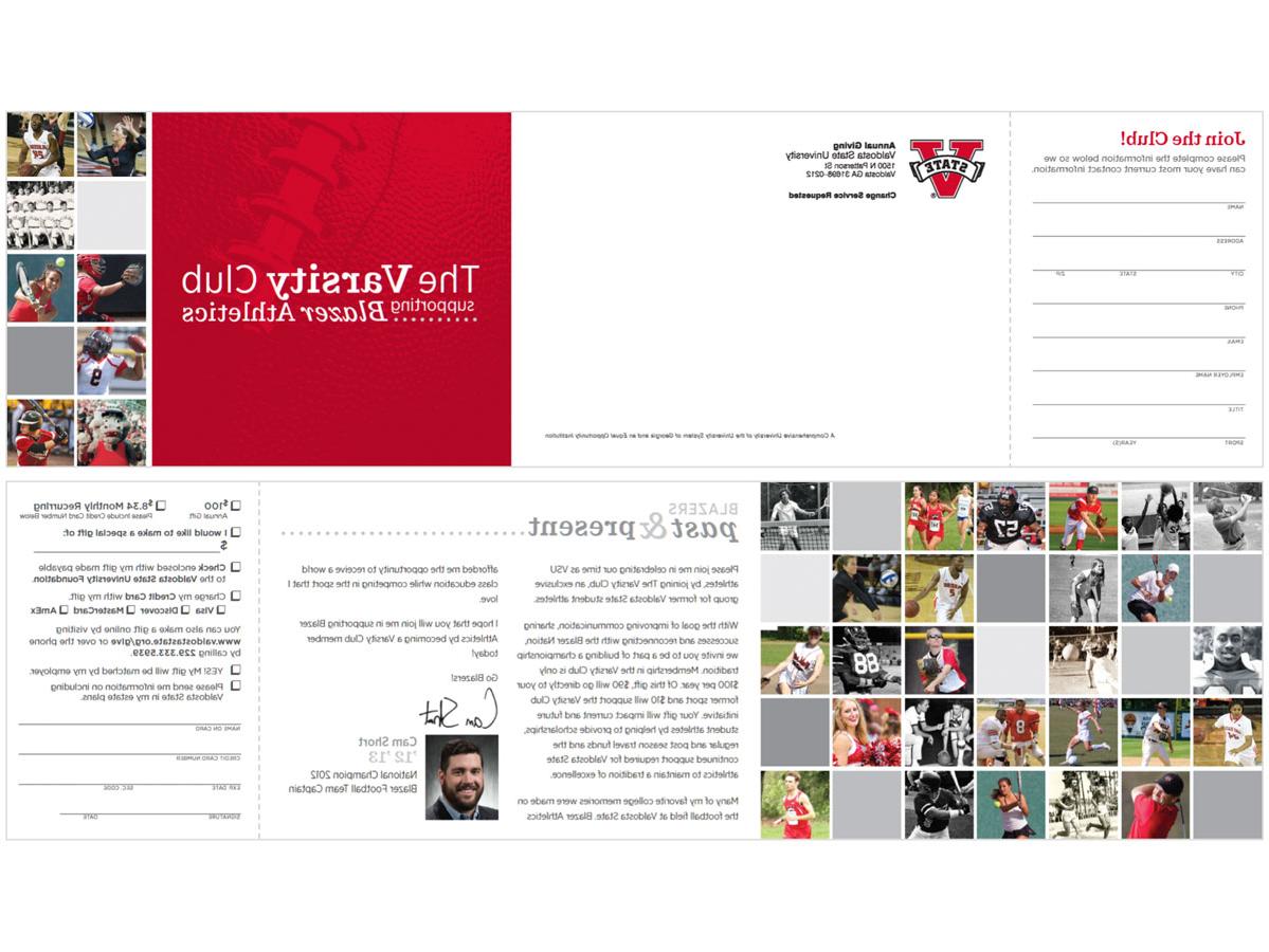 The Varsity Club Mailer - This custom mailer was designed for The Varsity Club. A V-State giving society made up of former Blazer athletes to benefit Blazer athletics.